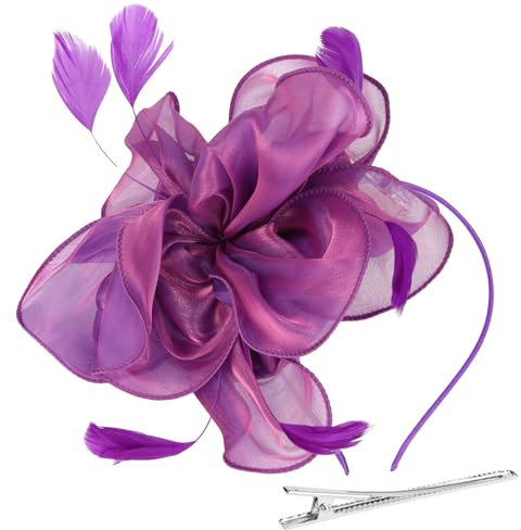 Alaoo Fascinator Hüte für Damen, Damen Fascinators Hut, Pillbox Hut mit Schleier Stirnband für Hochzeit Tea Party Mesh Blume Cocktail Party (Farbe: 01-Lila)