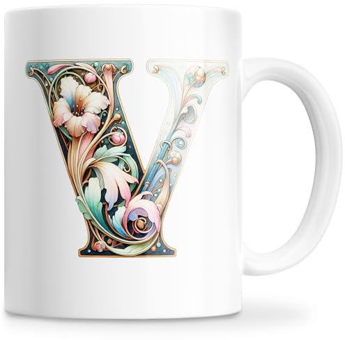 Taza Personalizada con Letra Inicial del Nombre - Taza Cerámica 350ML con Motivo Floral, Regalos Originales para Mujeres, Mamá, Amigos - Apta para Lavavajillas y Microondas (V)