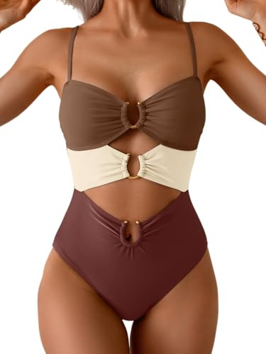 Eomenie One Piece Swimsuit for Women Ring Linked Monokini Sexy Bathing Suit Cutout Swim Suit, Dark Brown Color Block, S