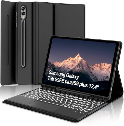 IVEOPPE Coque Clavier Samsung Galaxy Tab S9 FE Plus/S9 Plus 12.4 2023, Étui Keyboard 7 Couleurs Rétroéclairées AZERTY Layout Bluetooth Amovible avec pavé Tactile avec Porte Crayon, Noir