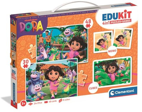 CLEMENTONI - Edukit 4 en 1 Dora l’Exploratrice dès 3 Ans - Puzzle, Mémo, Cubes - Apprentissage Préscolaire Ludique - Idée Cadeau pour Enfants