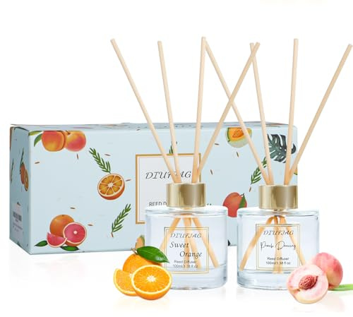DIUFJAG Raumduft 2x100ml Orange & Pfirsich Reed Diffuser mit 10 Duftstäbchen, Wohnraum Aroma Lufterfrischer Deko
