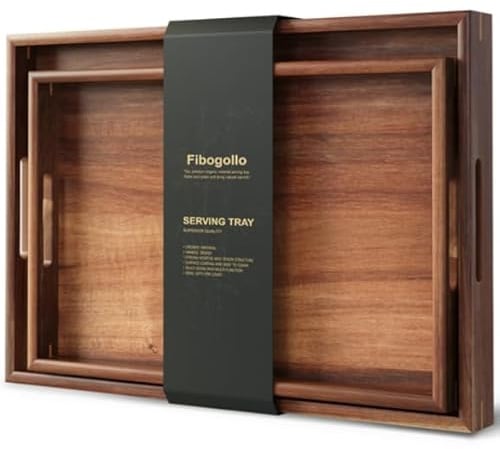 Fibogollo Set of 2 Acacia Wood Serving Tray with Handles,Decorative Trays Platter,Breakfast Tray in Bed,Food Drinks Trays for Eating,Working,Storing