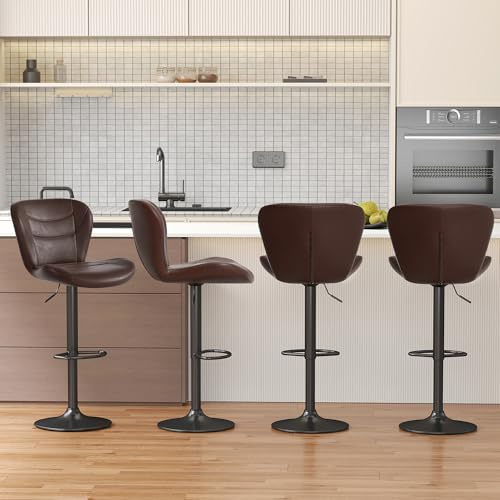 YUUIJOAA 4er Set Barhocker, Barhocker Höhenverstellbar mit Rückenlehne und Fußstütze, 360° Drehbarer Barstuhl mit Lehne, PU-Leder, Barstuhl für Küche,Bar, Esszimmer,Braun,
