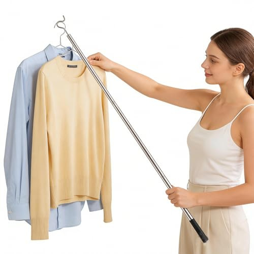 Stainless Steel Clothes Hanger Hook - Extends from 36.6 to 52.36 Inches (93-133cm), Heavy Duty Closet Hanger Reaching Pole, Ceiling, Shelf, and Balcony Use (52.36in)