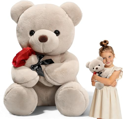 Teddybär, Plüsch-Bär, Teddy mit Rose, 35 cm Teddybären Rose Stofftier Spielzeug Dekozimmer Kissen, Plüschtier Kuscheltier Schmusetier Geschenke für Mama, Kinder Mädchen, Geburtstag, Valentinstag