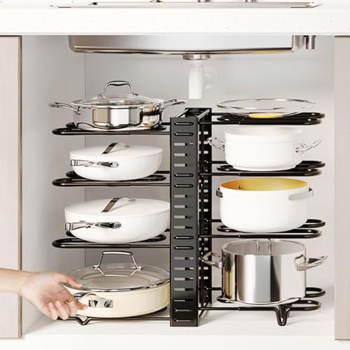 Refein Pots and Pans Organiser for Cupboard 8 Tier Saucepan Storage Rack | Pot Stand Pan Lid Holder with Adjustable Dividers Plate Organiser for Kitchen Counter and Cabinet