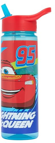 Disney Cars Lightening McQueen Water Bottle with Flip Up Straw, Blue, 600ml, BPA Free, Recyclable, for Ages 36+ Months (Cars Kachow)