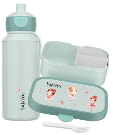 Mepal Set Brotzeitdose & Trinkflasche personalisiert, Brotdose Kinder mit Fächern, Lunch Box & Wasserflasche mit Name, auslaufsicheres Bento Box Set mit buntem Aufdruck Ballerina (mint)