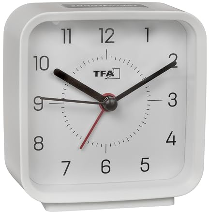 TFA Dostmann Analoger Wecker batteriebetrieben, 60.1044, inkl Quarzuhr, Nicht tickend, für Schlafzimmer/Wohnzimmer/Küche, mit Schlummerfunktion, inkl Hintergrundbeleuchtung, weiß-grau