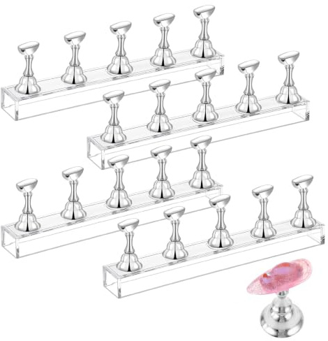 HJZHII 4 Set Nail Stand for Press on Nails Display, Magnetic Fake Nail Tips Holder Acrylic Nails Display Practice Nail Art Kit Accessories for Home DIY Art Salon Supplies(Silver)