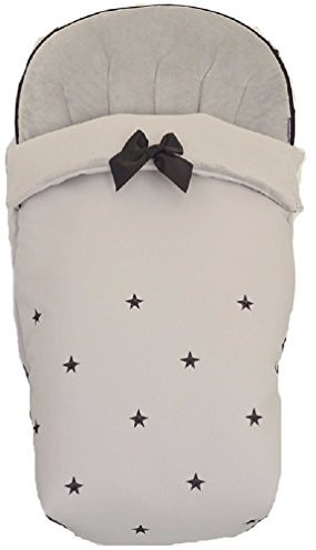 Winterfußsack für Kinderwagen, Aus wasserdichtem grauem synthetischem Kunstleder, bestickt mit Sternen in schwarzem und extra - weichem grau synthetischem Haar.