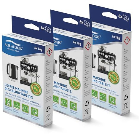 Aqualogis Entkalkungstabletten XL für Kaffeevollautomaten und Kaffeemaschinen. Entkalkungs-Tabs kompatibel mit Jura, Krups, Bosch, Miele, Melitta, WMF uvm. (18)