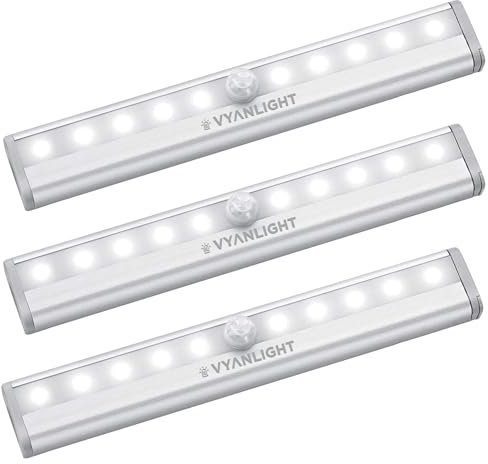 Luz LED para armario con sensor de movimiento, inalámbrica, por debajo del armario, funciona con pilas, sensor de movimiento, 10 LED, luz nocturna para armario, pasillo, escalera, pack de 3 unidades
