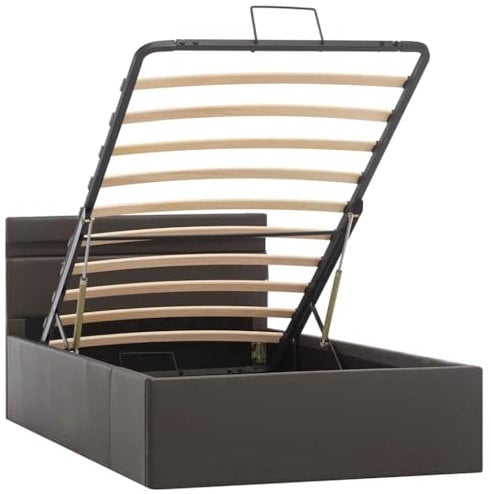 vidaXL Stauraumbett Hydraulisch LED Polsterbett Einzelbett Bett Schlafzimmerbett Kunstlederbett Bettrahmen Bettgestell Lattenrost Grau 100x200cm