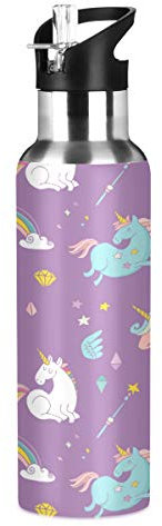 Bouteille d'eau en acier inoxydable avec paille, animaux de dessin animé mignon dinosaure gourde isotherme bouteille d'eau pour enfants adultes 600 ml, Licorne 011., 600 ml