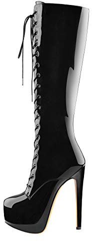 Only maker Damen Langschaft Stiefel Stiletto Schnürstiefel Plateau Lack Schwarz 39 EU