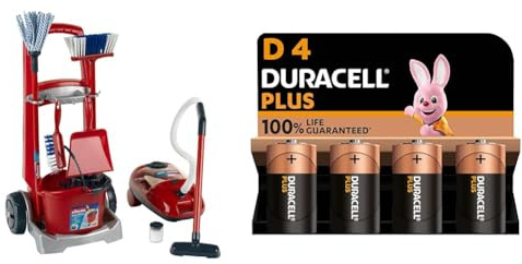 Theo Klein 6742 Vileda Besenwagen I Ausgestattet mit Besen, Wischmop, Eimer und vielem mehr I Batteriebetriebener Staubsauger mit Saug und Soundfunktion + Duracell Plus D Alkaline-Batterien, 4er Pack