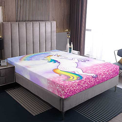 Loussiesd Dreamy Einhorn-Spannbetttuch, für Einzelbett, Kinder, Mädchen, Rosa, Lila, Spannbetttuch für Damen, Regenbogenpferd, Boxspringbett, weiche Mikrofaser, Spannbetttuch