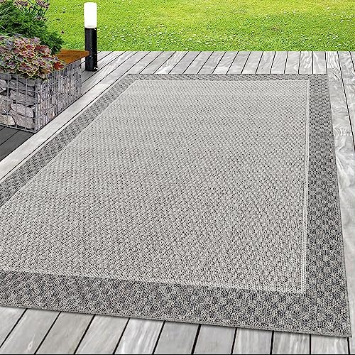 SIMPEX In- & Outdoor Teppich 140x200 cm, Wetterfest & Robust, Flachgewebe mit Modernem Bordüren-Design in Grau & Creme, Rechteckig für Terrasse, Balkon, Küche, Bad & Wohnzimmer