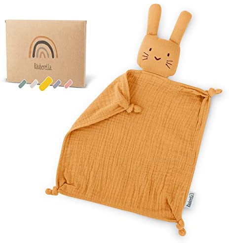Räuberella® Schnuffeltuch in Ocker I Weiches & waschbares Kuscheltuch aus 100% Bio-Baumwolle I Bezaubernder Schmusetuch-Hase I Ideal als Baby-Geschenk zur Geburt, Baby-Shower & Gender-Reveal-Party