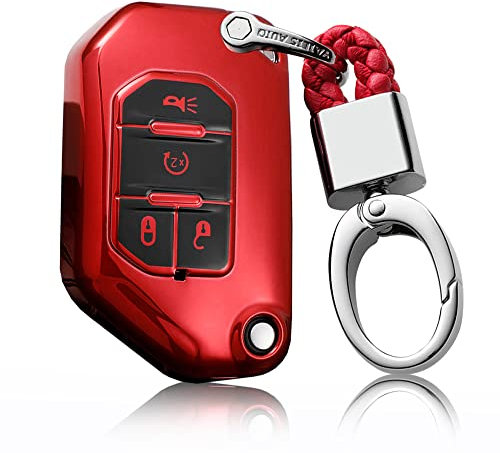 ontto Klapp Autoschlüssel Hülle Passt für Jeep Grand Cherokee Gladiator Wrangler JT JLU TJ JL Renegade Compass in Hochglanz TPU Schutzhülle Schlüsselhülle Cover mit Schlüsselanhänger 4 Tasten Rot