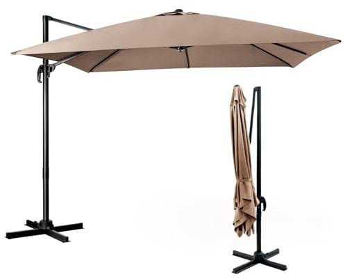 COSTWAY Ombrellone da Giardino, 300 x 300 cm, Ombrellone da Esterno con 3 Inclinazioni, Rotazione a 360°, Manovella, 8 Stecche, Base Incrociata (Caffè)