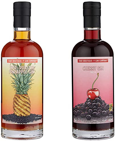 That Boutique-Y Gin Company Spit-Roasted Pineapple Gin, 70cl & Cherry Gin 70cl. Cherry flavoured gin made with sweet and sour marasca cherries. Craft fruit gin.
