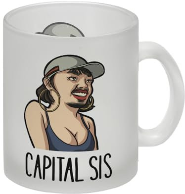 Rapper-Wortspiel Glas Tasse Capital Sis Tasse für einen Rap-Fan lustige Deutschrap Tasse im Comicstil als Geschenk für einen Musik-Künstler oder einen Groupie Glas Tasse Die Tasse