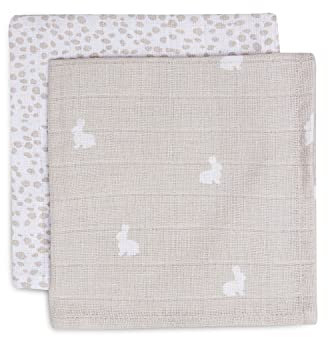 Jollein 537-848-66075 Spucktücher Mundtücher Musselin 2er Set Hasen & Punkte Nougat / weiß (31x31cm)