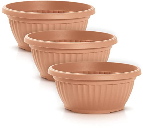 IMJ-Global Set von 3 Blumentöpfen für runde Pflanzen Erde DMT Kunststoff Ø20 x 9,5 cm Innen Außen Ziegel Volumen 2 Liter Modernes Design