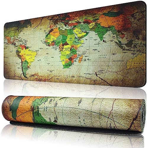 800×300mm Large Gaming World-Map Desk Mouse Pad Mat with Stitched Edge Non-Slip Rubber Base Washable Resilient for Office Computers Laptop Table Mouse Pads Mats Accessories (XL)