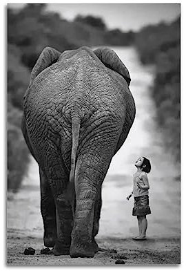 Tier-Poster Heilender Elefant mit kleinem Mädchen, dekoratives Gemälde, Leinwand, Wandkunst, Bild, 60 x 90 cm