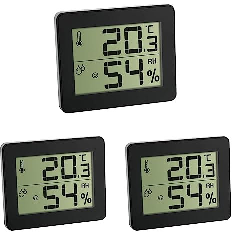 TFA Dostmann Digitales Thermo-Hygrometer, 30.5027.01, zur Kontrolle von Innentemperatur und Luftfeuchtigkeit, Max.-Min.-Werte, ultra-flach, schwarz,L 100 x B 12 (48) x H 82 mm (Packung mit 3)