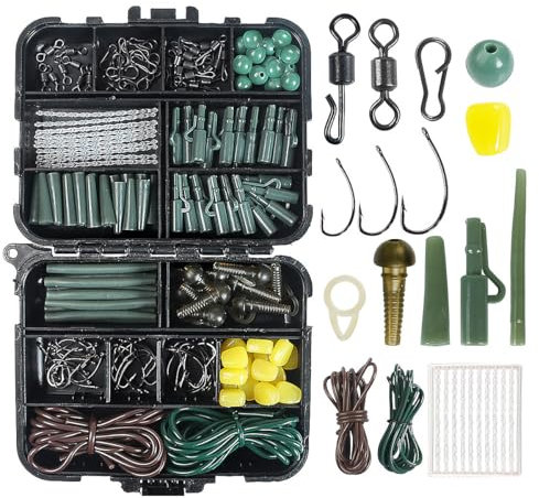 Set mit 307 NUZAMAS Karpfenangel-Zubehör-Sets, Karpfen-Angelzubehör-Set, Angelausrüstung inklusive Köderschraube, Anti-Tangle-Verbindungshülsen, Hakenstopp-Perlen