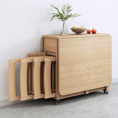 PHOLK Klappbarer Holz-Esstisch Mit 2 Schubladen Und 4 Rollen, Holz-Klappstuhl Im 4er-Set, Platzsparendes Esszimmer-Set Für Wohnzimmer, Küche Und Büro – 1,4 M