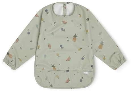 Lalo Smock Bib - Long Sleeve Bib for Infants and Toddlers - Elastic Cuffs, Large Catch-All Pocket, Waterproof Recycled Polyester - Easy to Clean for Mealtime and Art Time - Fruit Print Sage Infant