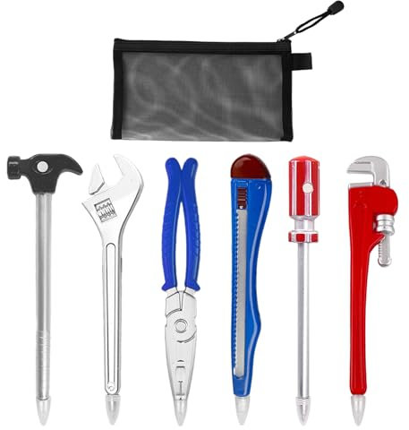 KRYMSON Lot de 6 stylos à bille à outils en forme de matériel, 1 sac à stylo en maille noire, papier à lettre créatif et personnalisé, ensemble de stylos à outils, jouets pour enfants