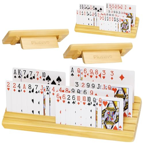 plusvivo Kartenhalter für Spielkarten mit verstellbarem Ständer, 4er-Set, Spielkartenhalter für Senioren, Erwachsene, Kinder, 5 Steckplätze bis zu 110 Karten, 30,5 cm Holz-Kartenhalter für