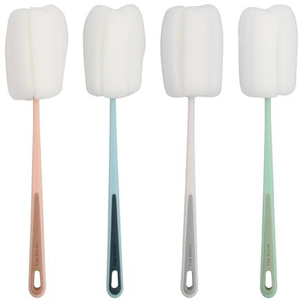 Anseom Cepillos de Limpieza de Esponja Cepillo Limpia Biberones Cepillo de Cocina Cepillo de Limpieza con Mango Largo para Agua Botella de Cerveza Copas de Vino 4 Piezas