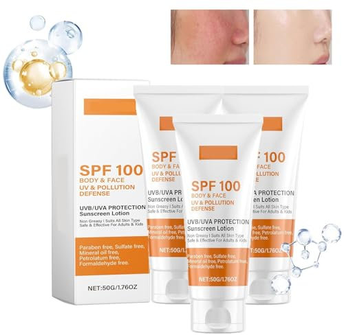 Sonnencreme LSF 100, Sunscreen SPF 100, Sunscreen Lotion, Sonnenlotion mit UVA/UVB-Schutz, Feuchtigkeitsspendende, Anti-Aging Sonnencreme für Gesicht und Körper, Nicht-fettend, Wasserfest (3 Stück)