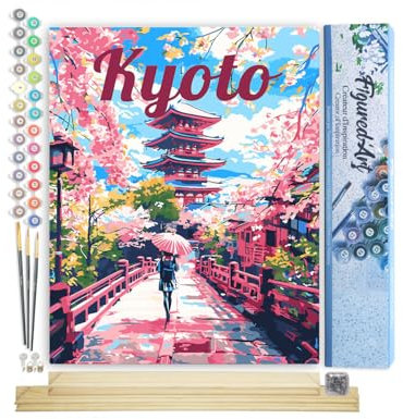Figured'Art Peinture par Numéro Adulte avec Cadre Affiche de voyage Kyoto en fleurs - Activité Manuelle Kit de Loisir Créatif DIY Numéro d'Art Complet - 40x50cm avec châssis en bois à monter