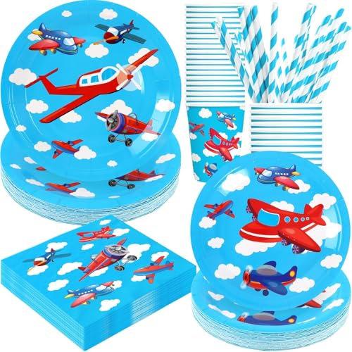 Airplane Birthday Party Decorations, 120Pcs Airplane Themed Party Supplies Disposable and Adventurous Tableware Includes Paper Plates, Napkins, Cups and Straws | Serves 24