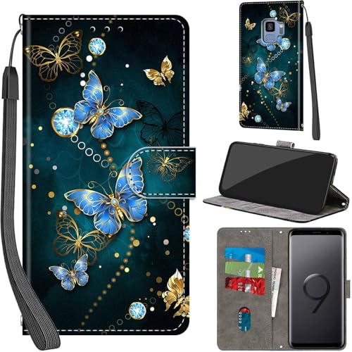 Handyhülle für Samsung Galaxy S9 Hülle Leder Wallet Schmetterling | 3 Kartenfächer & 1 Geldfach, Magnetverschluss, Ständerfunktion, robuste premium PU leder klapphülle für Samsung S9