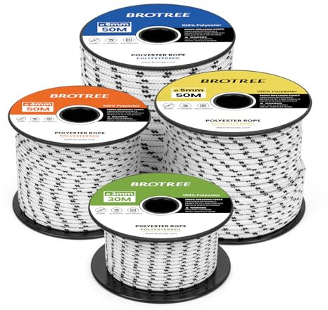 Brotree Polyesterseil 3mm x 50m Weiß/Schwarz - Seil Schnur Reißfest Allzweckseil für Festmacher, Boot, Fahnenmast, Zelt, Outdoor - 200KG Bruchlast