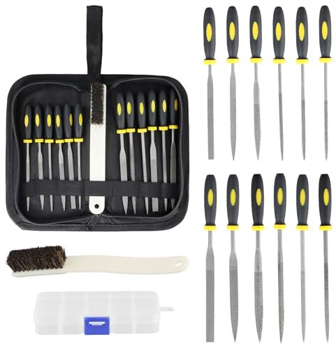 Lot de 12 Limes Aiguilles avec Sac à Outils Ensemble comprenant 6 Limes de Bijoutier et 6 Limes en Acier, Ensemble de Limes Idéal pour Métal Bois Cuir Plastique et Céramique