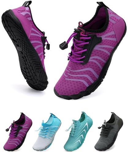 WateLves Unisex Barfußschuhe Damen Herren Wasserschuhe Badeschuhe Schnell Trocknend Weich Traillaufschuhe Fitnessschuhe mit rutschfest Sohle & Breiter Zehenbox(Lila 39)
