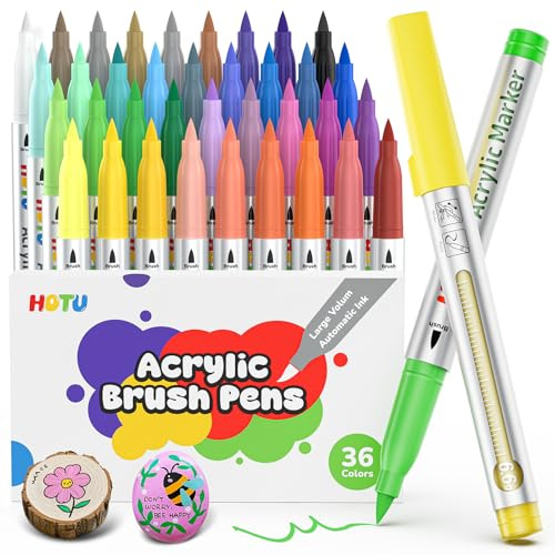 Acrylic Paint Markers Brush Tip, 36 Colors with 300% More Ink (6.6g Jumbo me) Markers for Kids & Adults Coloring Books, Permanent Paint Pens for Metal Wood Rocks Eggs, Visible Capacity, No Bleeding