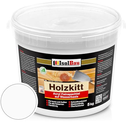 Isolbau - Holz-Spachtelmasse 5 kg - Holzspachtel Holzkitt Außen und Innen - Holz-Reparaturspachtel - Holzreparaturmasse - Holz-Fertigspachtel - Schnelltrocknend - Weiß (Nr. 1)