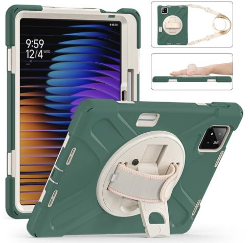 UFinetech Coque Tablette pour Xiaomi Mi Pad 7, Coque pour Xiaomi Mi Pad 7 Pro, Support/Dragonne Rotation à 360° Bandoulière Porte-Crayon, Antichoc Étui Housse Tablette Enfants Coque, Vert émeraude
